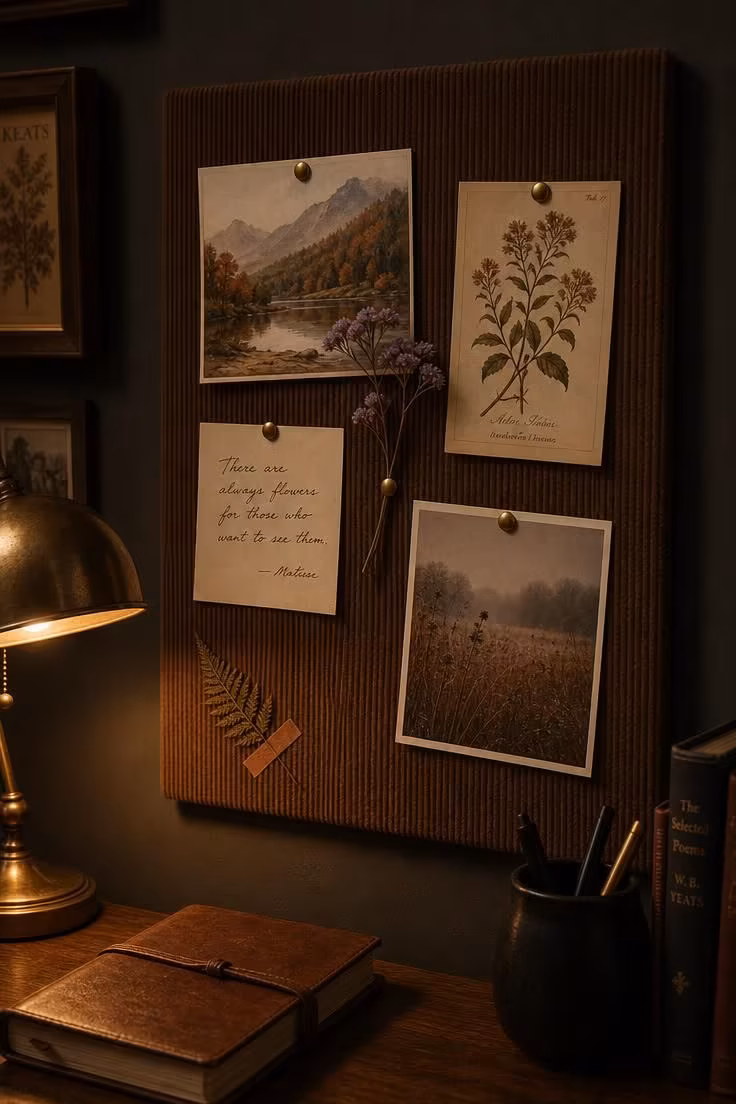 A tobacco corduroy-wrapped bulletin board with pinned autumn postcards and dried flowers on a charcoal wall in moody low light.