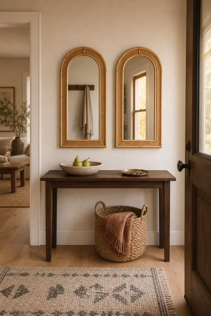 Two matching arched rattan mirrors hung side by side above a walnut console table in a warm entryway with soft diffused light.