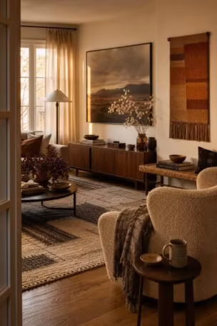 A warm autumn living room with a moody landscape print and woven wall panel, walnut credenza, bouclé armchair, and golden afternoon light streaming through sheer curtains.