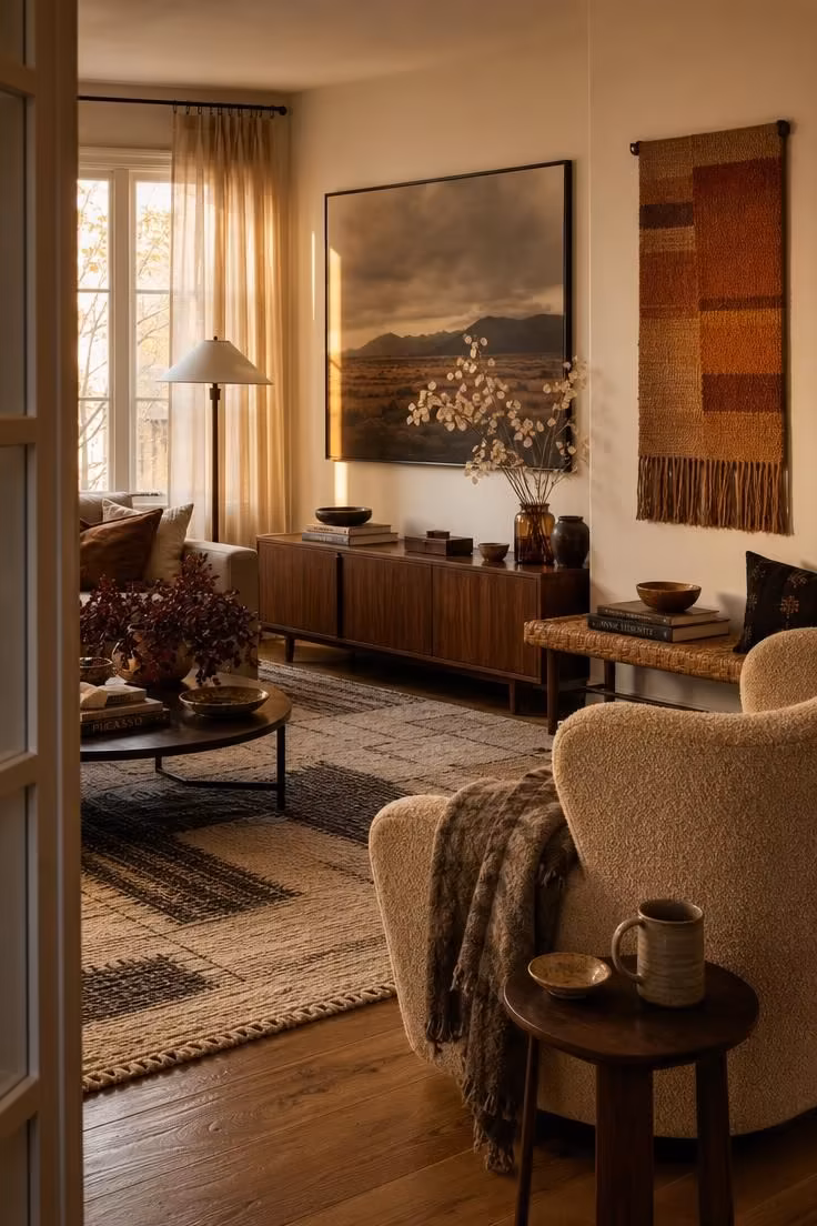 Simple Spaces 19 A warm autumn living room with a moody landscape print and woven wall panel, walnut credenza, bouclé armchair, and golden afternoon light streaming through sheer curtains.