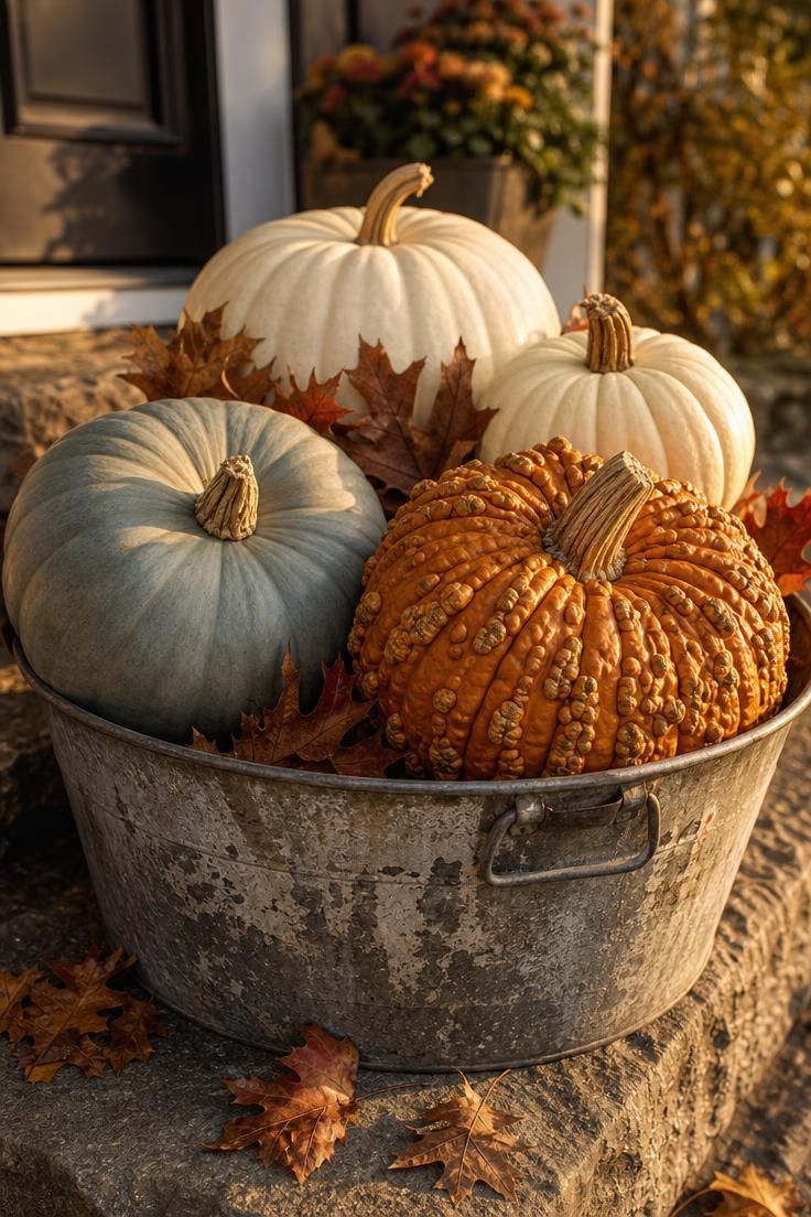 11 Cozy Fall Yard Decor Ideas for Instant Curb Appeal 1 Weathered galvanized tub filled with heirloom pumpkins in blue-gray, cream, and amber, with dried oak leaves tucked between them on a stone step.