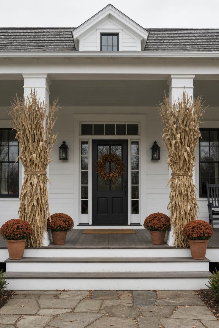 11 Cozy Fall Yard Decor Ideas for Instant Curb Appeal 2 Farmhouse porch with dried corn stalk bundles tied to each column with twine, rust mums in clay pots at the bases.