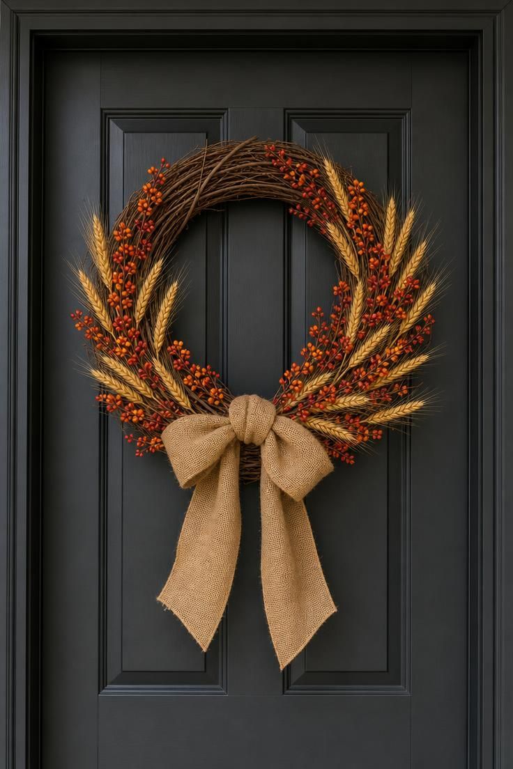 11 Cozy Fall Yard Decor Ideas for Instant Curb Appeal 3 Grapevine wreath with dried wheat and bittersweet berries hanging on a matte black front door with a burlap bow.