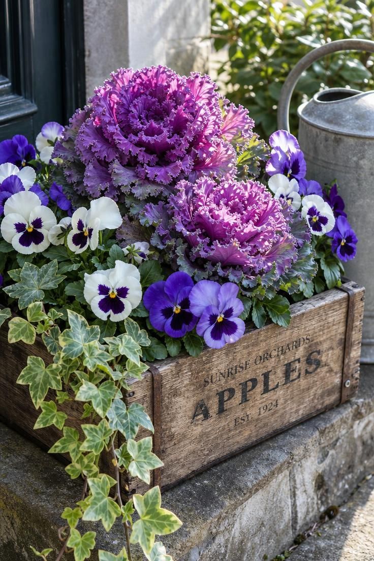 11 Cozy Fall Yard Decor Ideas for Instant Curb Appeal 4 Weathered wooden apple crate planted with purple ornamental kale, white and violet pansies, and trailing ivy on a stone stoop.