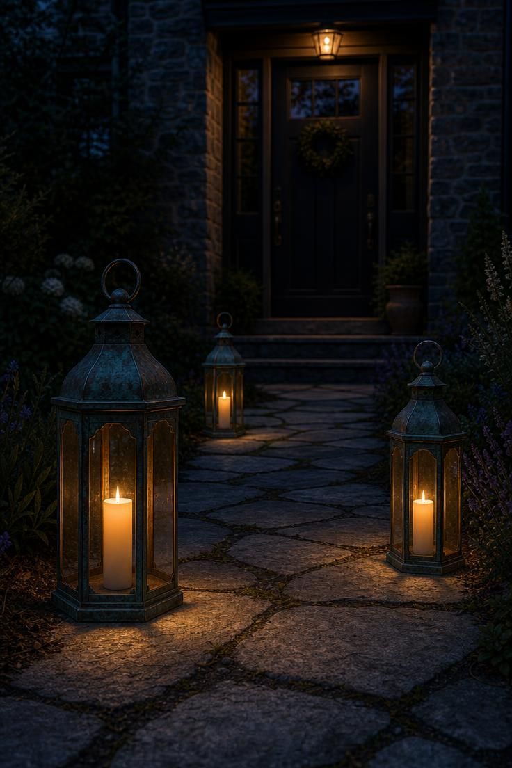 11 Cozy Fall Yard Decor Ideas for Instant Curb Appeal 5 Three aged copper lanterns of varying heights with warm glowing battery candles along a flagstone walkway at dusk.