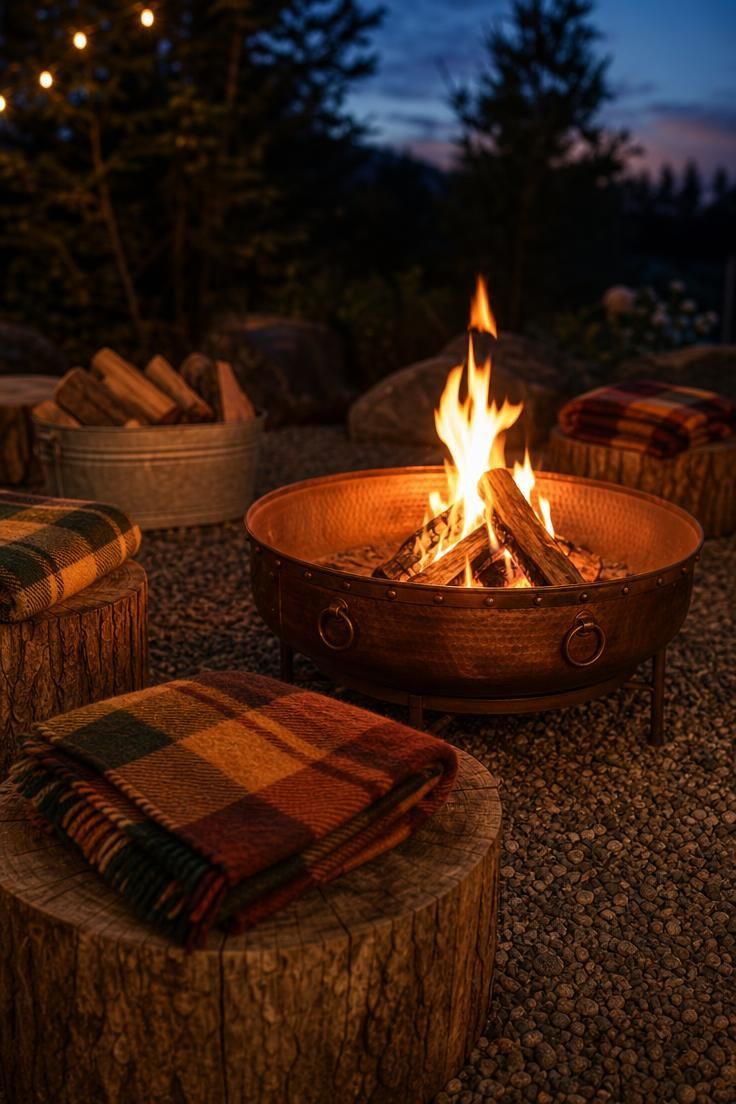 11 Cozy Fall Yard Decor Ideas for Instant Curb Appeal 6 Copper fire pit with log slice seats and plaid wool blankets in rust, mustard, and forest green on a gravel pad.
