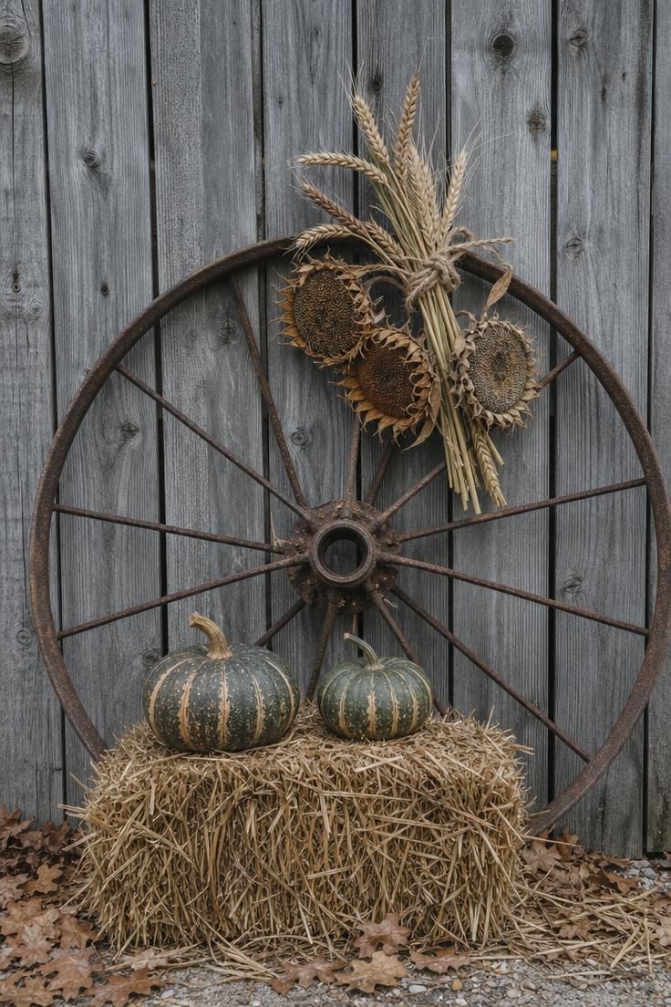 11 Cozy Fall Yard Decor Ideas for Instant Curb Appeal 7 Old iron wagon wheel rim leaning on a weathered fence, decorated with dried sunflower heads and wheat stalks, with a hay bale and pumpkins at the base.