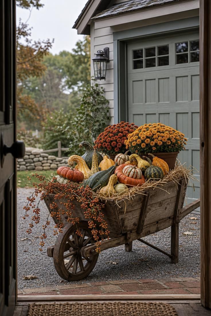 11 Cozy Fall Yard Decor Ideas for Instant Curb Appeal 8 Vintage wooden wheelbarrow filled with straw, assorted gourds, potted rust and gold mums, and trailing bittersweet vine near a garage.