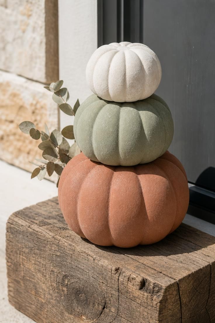 11 Cozy Fall Yard Decor Ideas for Instant Curb Appeal 9 Stack of three foam pumpkins painted matte terracotta, sage, and cream on a reclaimed wood beam with dried eucalyptus behind.