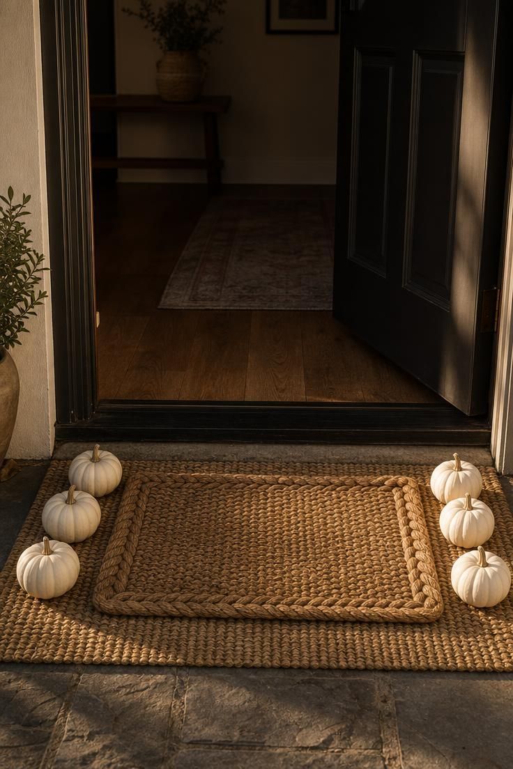 11 Cozy Fall Yard Decor Ideas for Instant Curb Appeal 10 Layered sisal and jute doormats at a front doorway with six small white pumpkins arranged in arcs on each side.