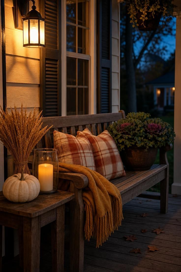 11 Cozy Fall Yard Decor Ideas for Instant Curb Appeal 11 Porch bench with plaid cushions, a mustard wool throw, and a side table with a white pumpkin, dried wheat, and a flameless candle in a glass hurricane.