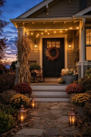 Craftsman front porch at dusk with corn stalks, heirloom pumpkins in a galvanized tub, a grapevine wreath, string lights, and glowing copper lanterns along the walkway.