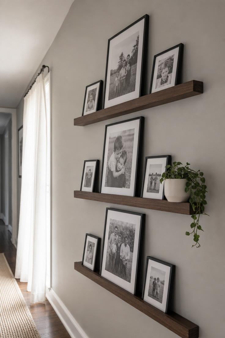 10 Family Photos Wall Decor Ideas That Feel Like Home 2 Three walnut photo ledges at staggered heights holding leaning black-and-white family portraits in thin black frames under soft morning light.