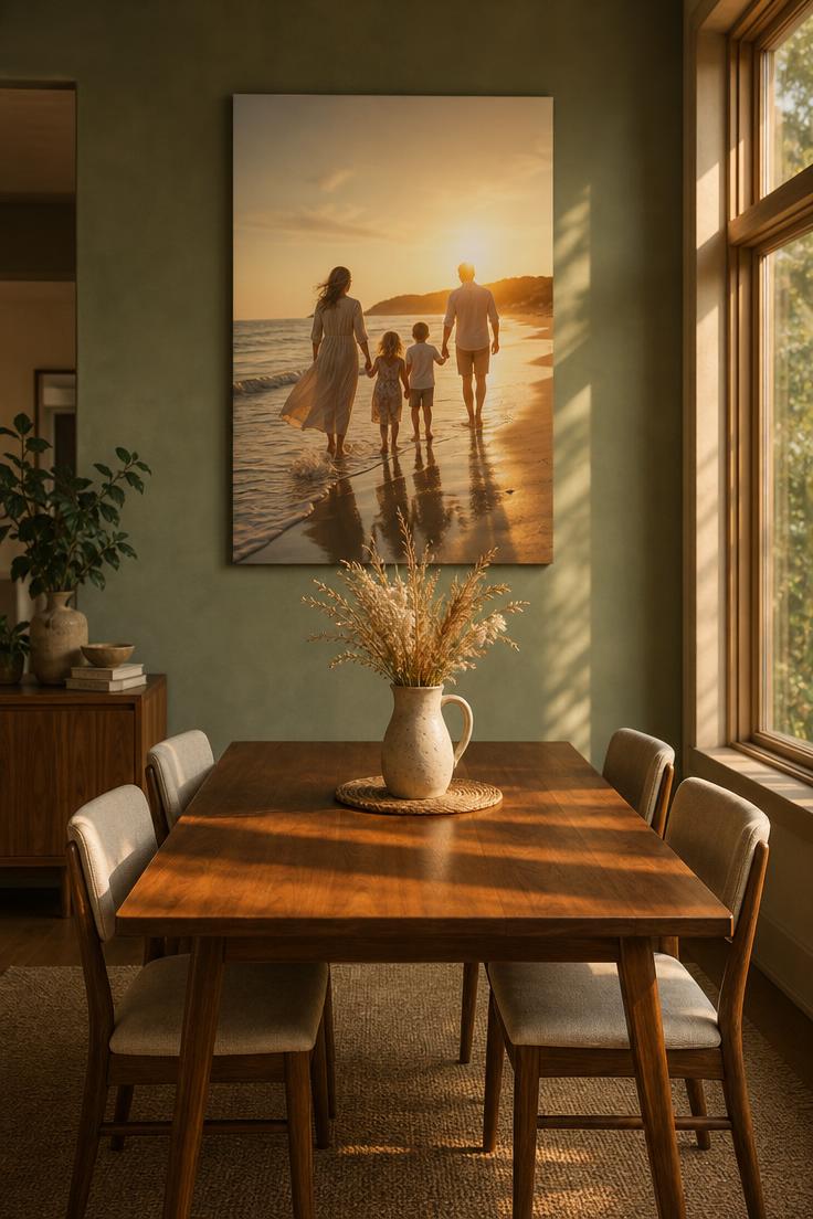 10 Family Photos Wall Decor Ideas That Feel Like Home 3 An oversized canvas print of a candid family beach scene hung on a sage green wall above a walnut dining table in warm golden hour light.