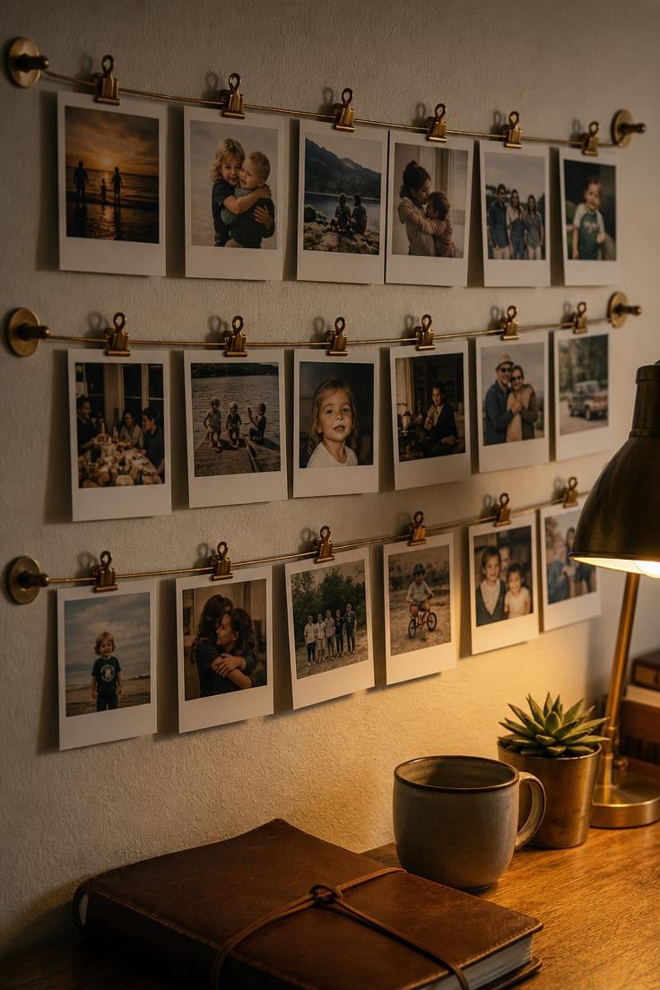 10 Family Photos Wall Decor Ideas That Feel Like Home 4 Brass wire clips holding polaroid-style family photos on a warm white wall above a home office desk in moody lamp light.