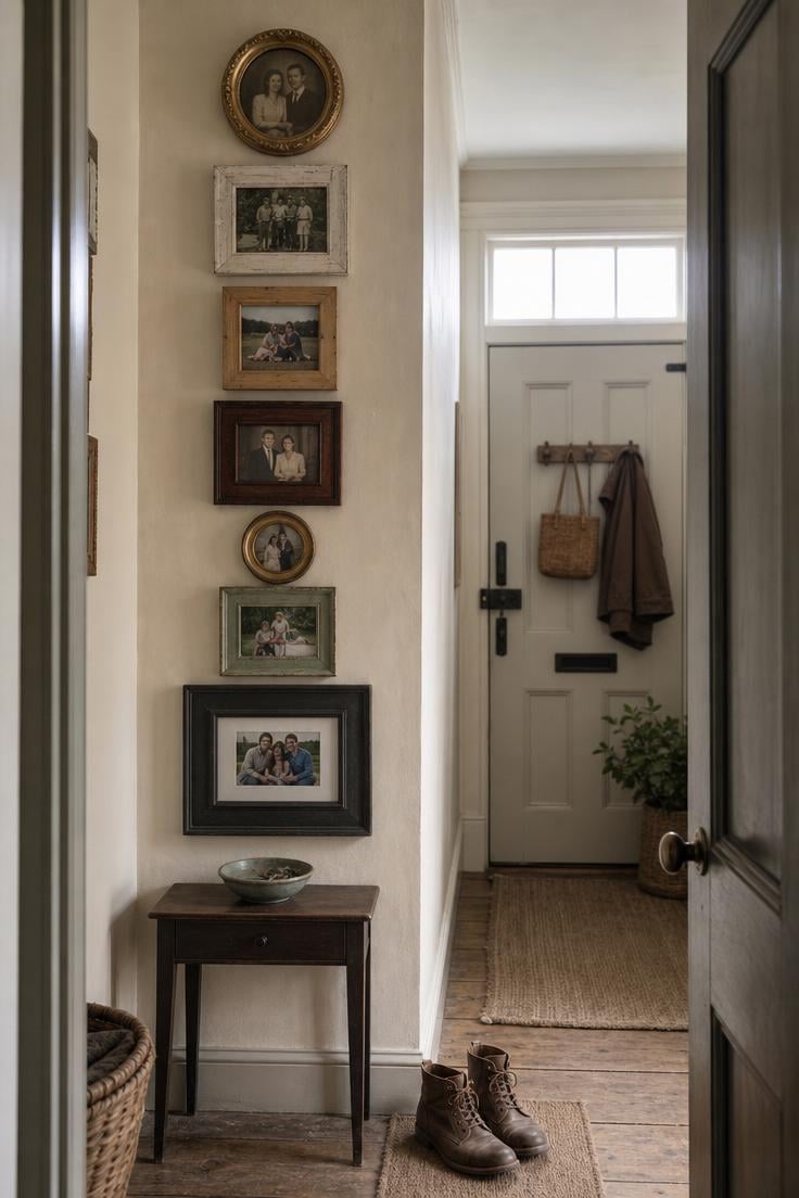 10 Family Photos Wall Decor Ideas That Feel Like Home 5 A vertical column of mismatched vintage frames holding multigenerational family photos in a narrow entryway under cool overcast light.