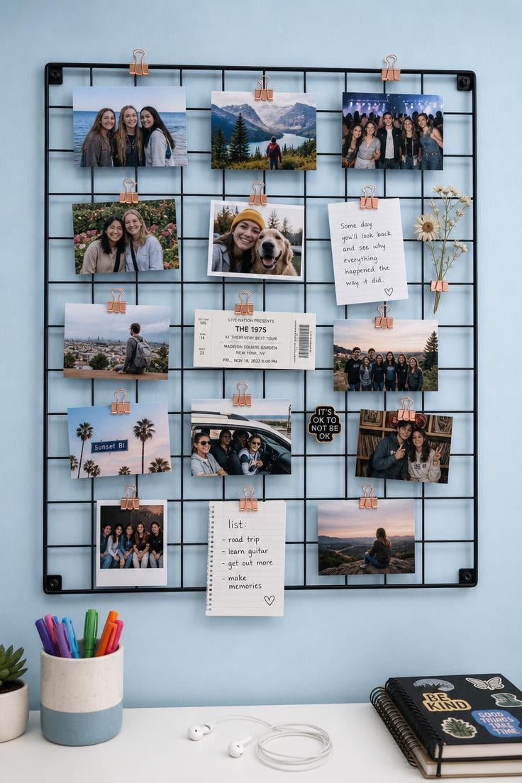 10 Family Photos Wall Decor Ideas That Feel Like Home 6 A matte black steel grid panel displaying family snapshots and personal mementos with rose gold binder clips in a teen bedroom under bright overhead light.