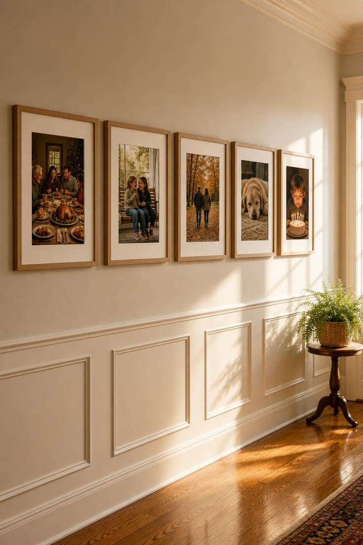 10 Family Photos Wall Decor Ideas That Feel Like Home 7 Five landscape-orientation family photos in slim oak frames with white mats hung in a horizontal line above wainscoting in warm afternoon light.