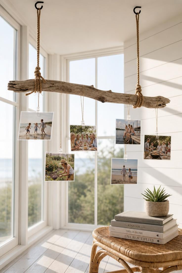 10 Family Photos Wall Decor Ideas That Feel Like Home 8 A driftwood branch suspended by jute ropes in a sunroom with family photos dangling from linen cord in bright diffused morning light.
