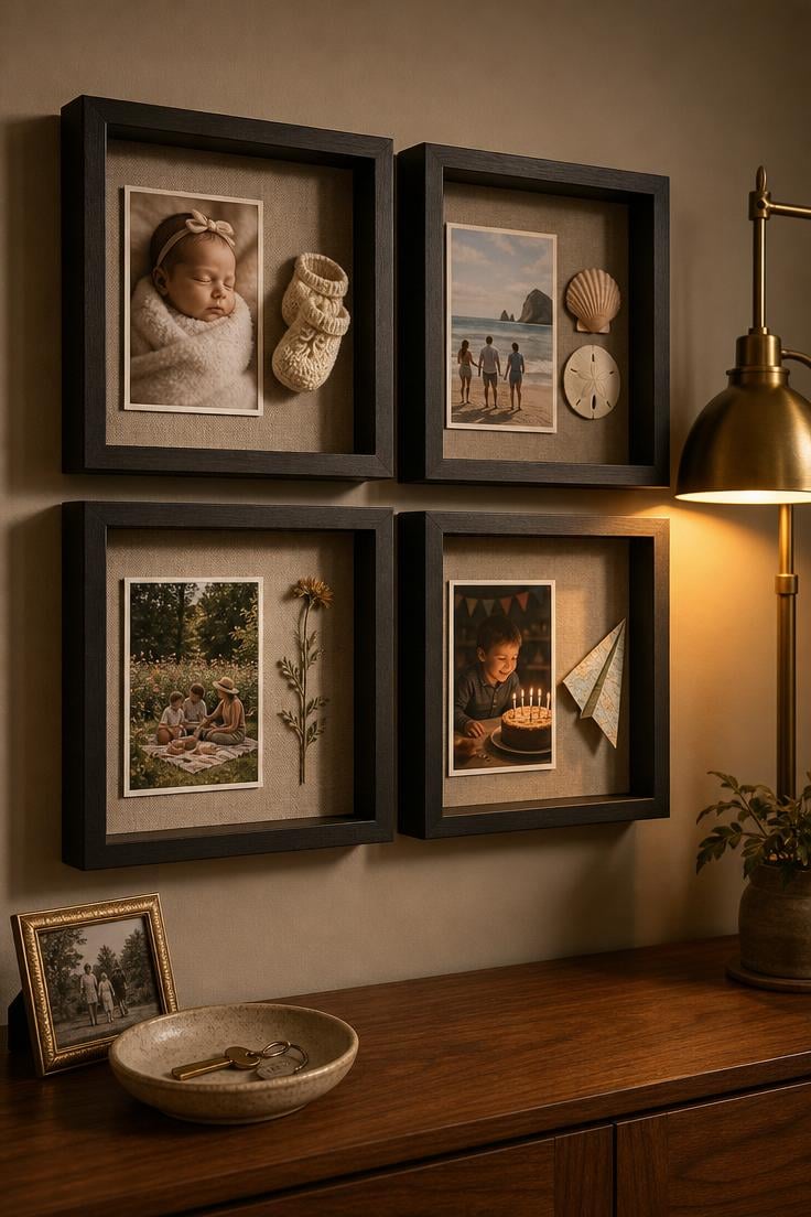 10 Family Photos Wall Decor Ideas That Feel Like Home 9 Four shadow box frames on a taupe wall pairing family photos with three-dimensional keepsakes like baby booties, seashells, and pressed flowers in warm lamp light.