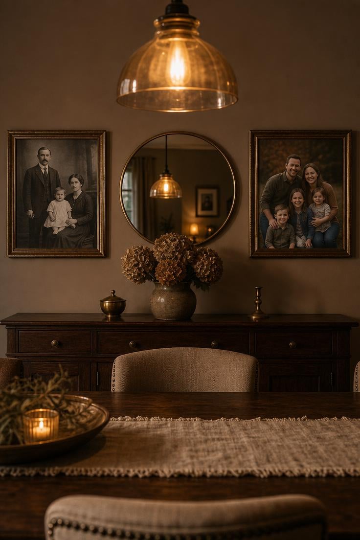 10 Family Photos Wall Decor Ideas That Feel Like Home 10 Two large framed family portraits in antiqued brass frames flanking a round mirror above a dining room sideboard in moody evening light.