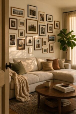 10 Family Photos Wall Decor Ideas That Feel Like Home 15 A warm living room with a large gallery wall of mixed family photos in varied frame styles above a linen sofa in soft go