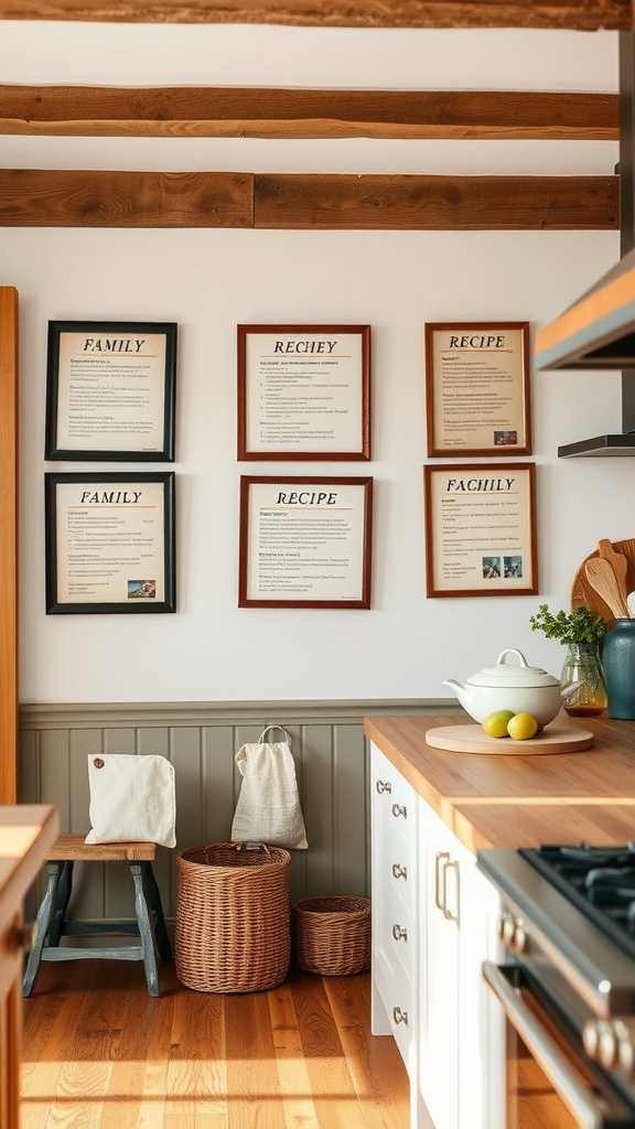 A cozy farmhouse kitchen with framed recipes and family photos on the wall.