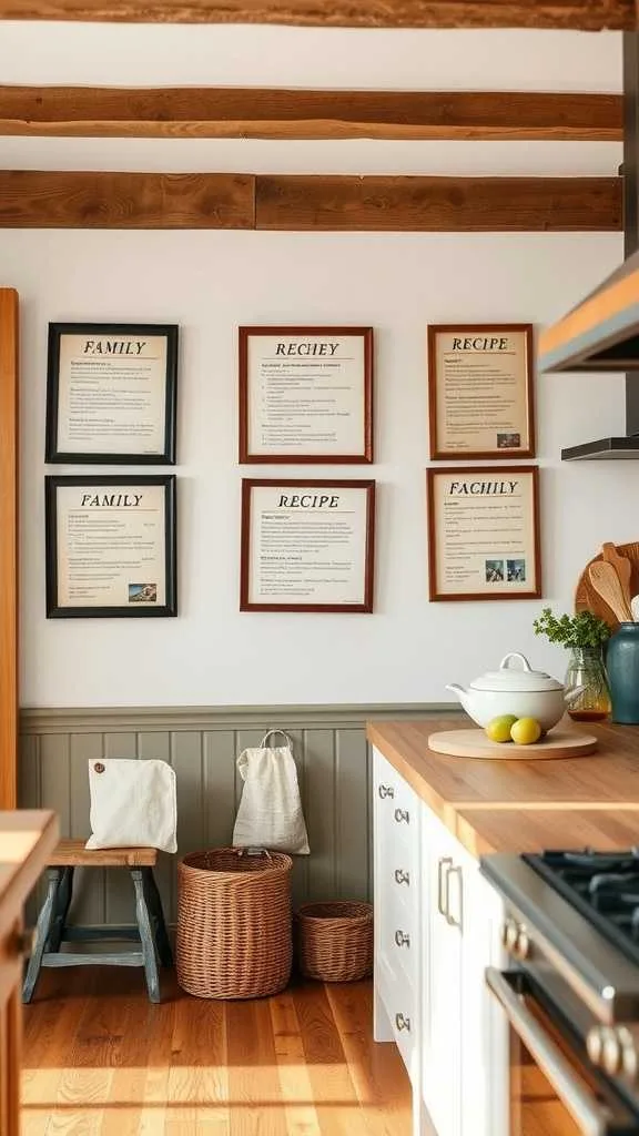 21 Old Farmhouse Kitchen Ideas For A Cozy, Rustic Look 19 A cozy farmhouse kitchen with framed recipes and family photos on the wall.