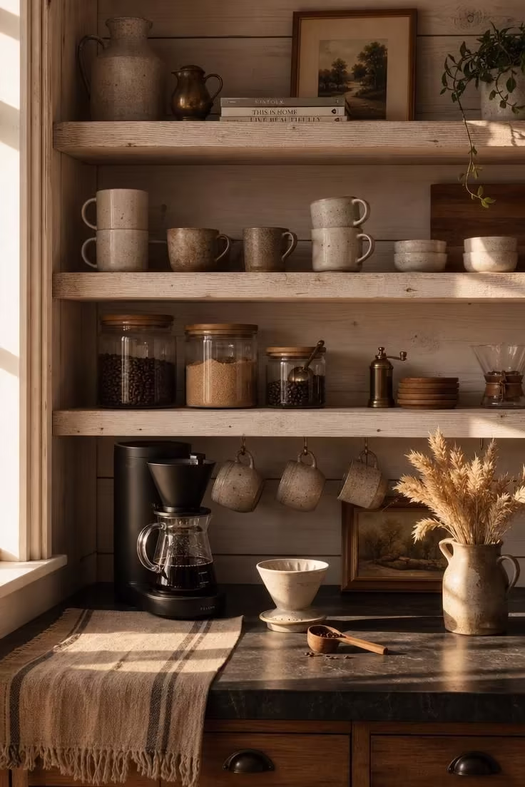 13 Charming Farmhouse Coffee Bar Ideas You Will Love 1 Whitewashed pine shelves holding stoneware mugs and glass canisters above a dark soapstone countertop with a matte black drip brewer and dried wheat in a clay pitcher