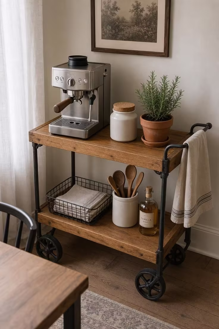 13 Charming Farmhouse Coffee Bar Ideas You Will Love 2 Honey oak rolling coffee bar cart with iron caster wheels holding an espresso machine, rosemary plant, and wire basket of folded napkins against a cream wall