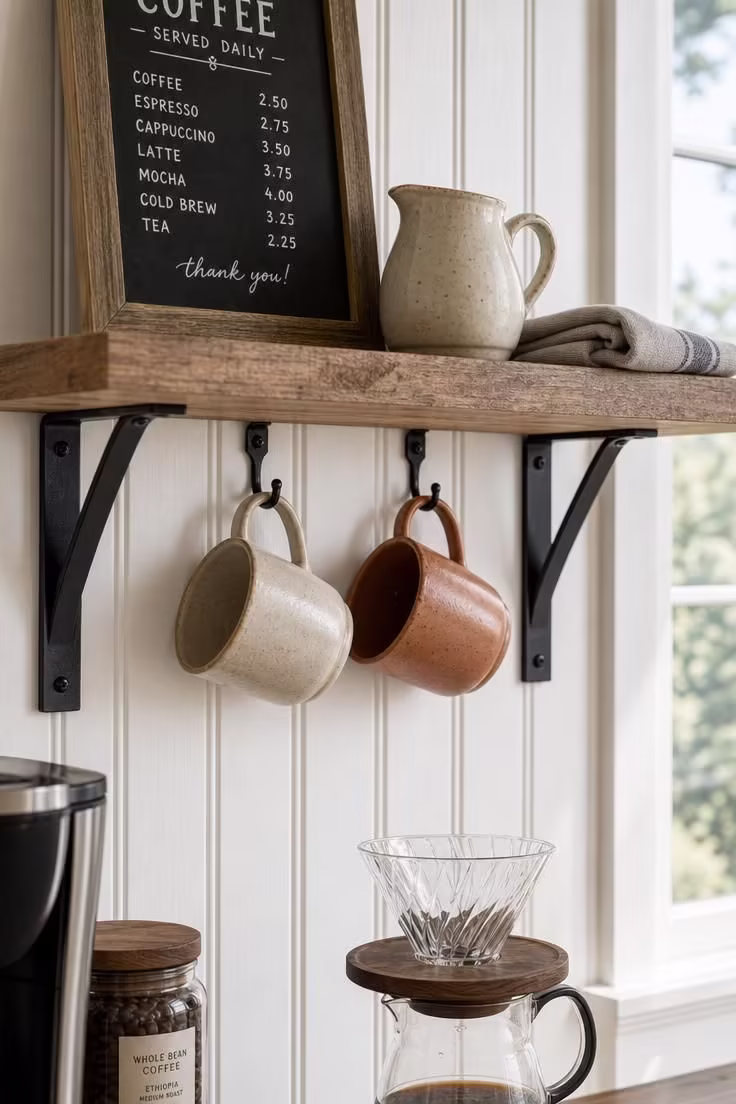 13 Charming Farmhouse Coffee Bar Ideas You Will Love 3 Close-up of white beadboard backsplash with matte black floating shelf brackets holding mugs on iron hooks and a small chalkboard coffee menu sign