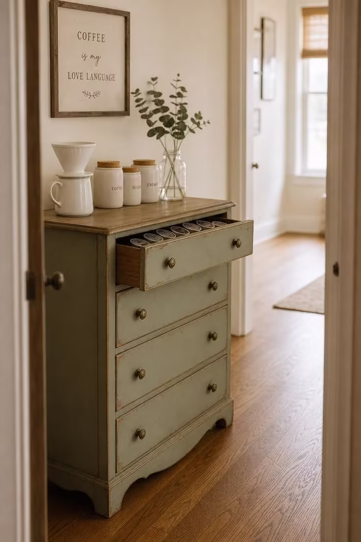 13 Charming Farmhouse Coffee Bar Ideas You Will Love 4 Sage green chalk-painted vintage dresser repurposed as a coffee bar in a hallway with pour-over set and ceramic canisters on the raw wood top