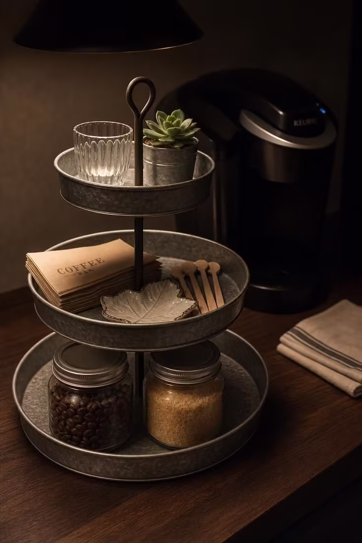 13 Charming Farmhouse Coffee Bar Ideas You Will Love 5 Galvanized metal three-tier tray on a walnut countertop holding mason jar canisters of coffee beans and sugar with wooden stirring spoons and a small succulent