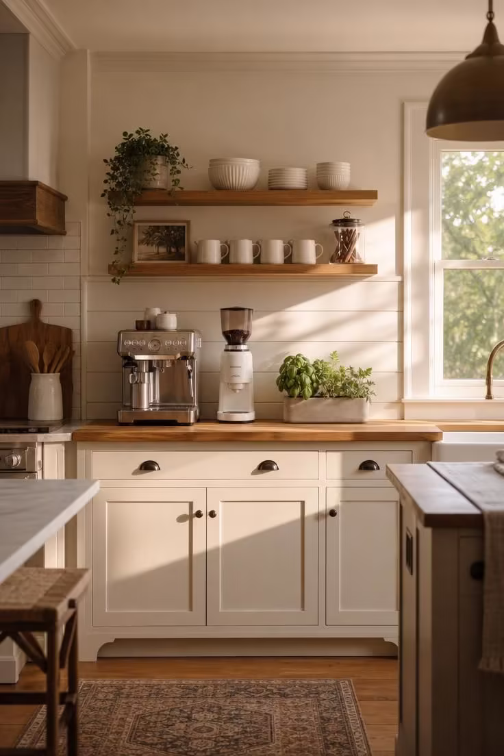 13 Charming Farmhouse Coffee Bar Ideas You Will Love 6 Wide kitchen view of a shiplap half-wall behind a butcher block countertop coffee station with espresso machine and open wood shelves holding white bowls and mugs