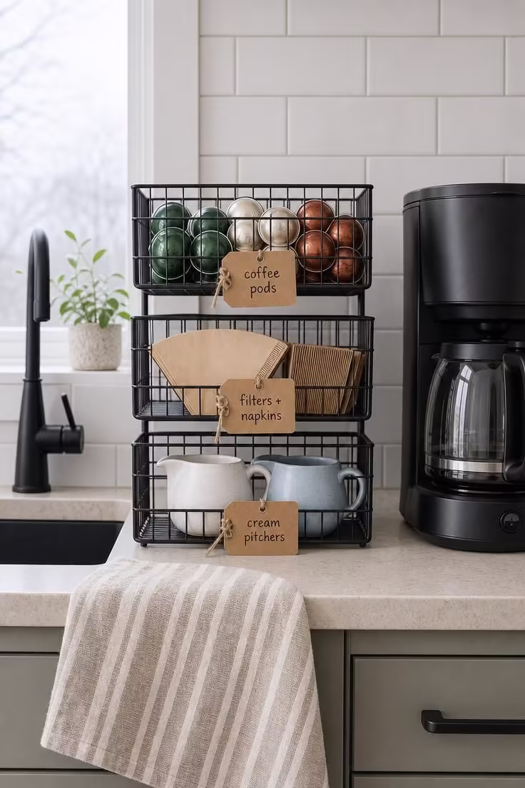 13 Charming Farmhouse Coffee Bar Ideas You Will Love 7 Three black wire baskets on a cream countertop holding sorted coffee pods, paper filters, and ceramic cream pitchers with kraft paper labels tied to each handle