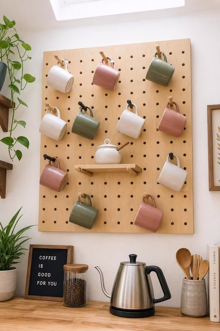13 Charming Farmhouse Coffee Bar Ideas You Will Love 8 Birch plywood pegboard panel on a white wall with mismatched ceramic mugs hanging from wooden and matte black pegs above a butcher block counter