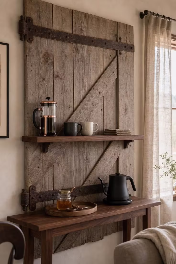 13 Charming Farmhouse Coffee Bar Ideas You Will Love 9 Reclaimed barn door mounted flat on a cream wall as a coffee bar backdrop with a floating walnut shelf holding a French press and ceramic mugs