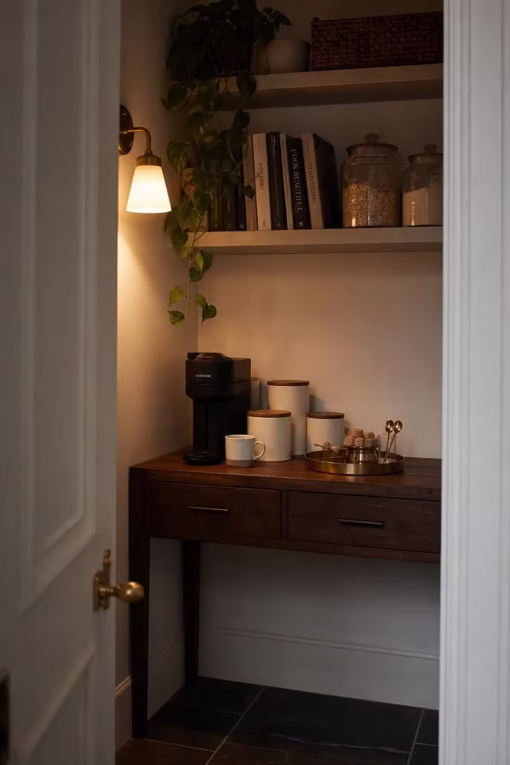 13 Charming Farmhouse Coffee Bar Ideas You Will Love 10 Dark walnut console table coffee bar inside a pantry alcove with single-serve brewer, ceramic canisters, and brass wall sconce casting warm amber light
