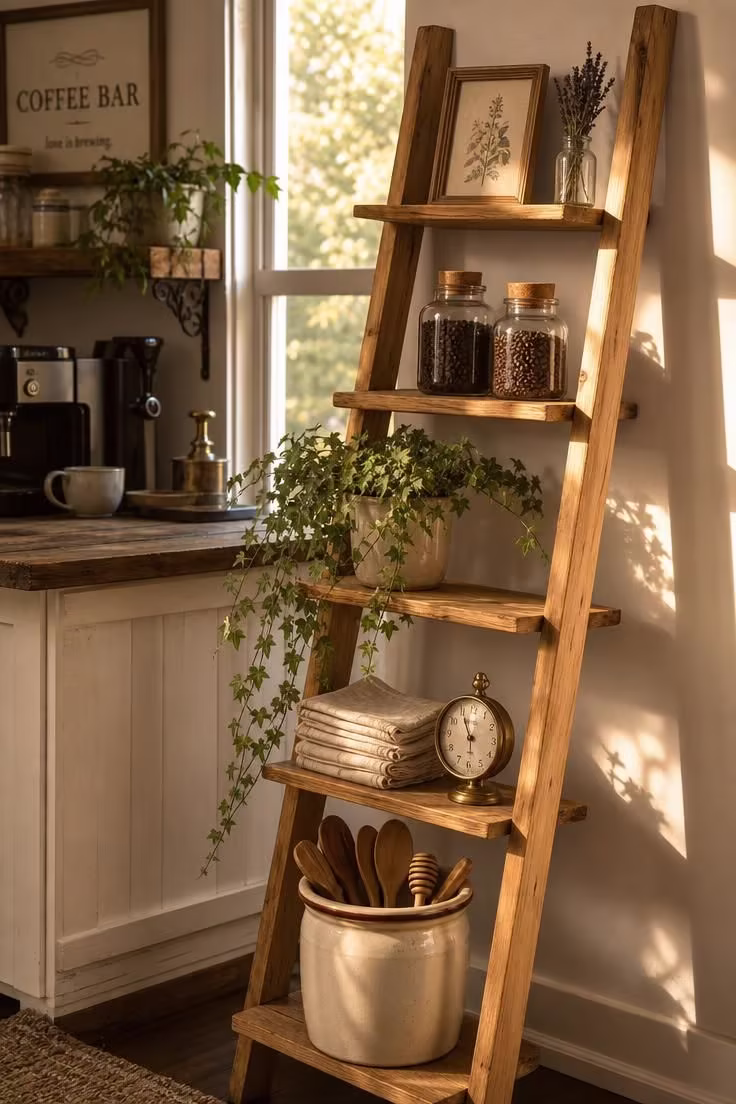 13 Charming Farmhouse Coffee Bar Ideas You Will Love 11 Five-tier pine leaning ladder shelf beside a coffee bar with stoneware crock of wooden spoons, trailing ivy, glass coffee bean canisters, and botanical print