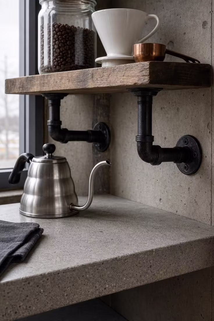 13 Charming Farmhouse Coffee Bar Ideas You Will Love 12 Close-up of concrete countertop and black iron pipe fitting shelf supports at a farmhouse coffee bar with glass bean jar and ceramic dripper on the wood shelf