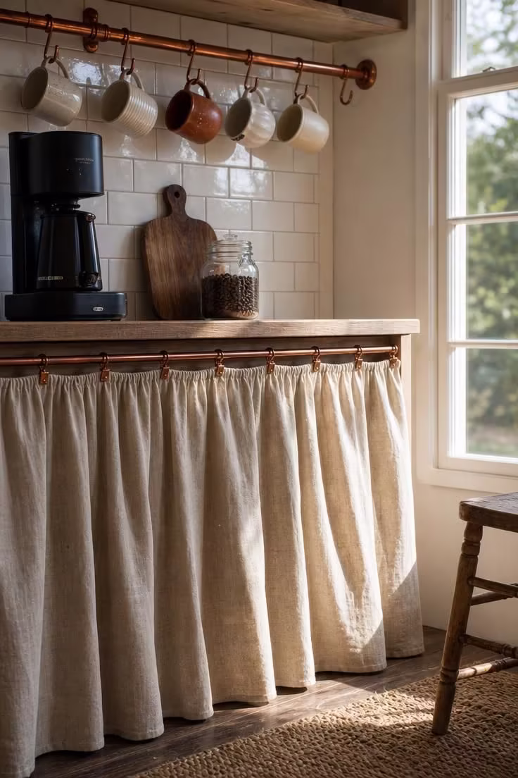 13 Charming Farmhouse Coffee Bar Ideas You Will Love 13 Linen curtain-skirted coffee bar base cabinet with copper rod and S-hooks holding mismatched ceramic mugs beside a matte black brewer and wooden cutting board