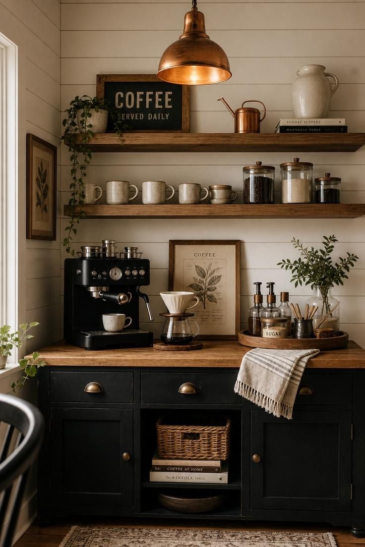 Simple Spaces 15 Complete farmhouse coffee bar with shiplap wall, floating wood shelves, stoneware mugs, butcher block countertop, espresso machine, and copper pendant light