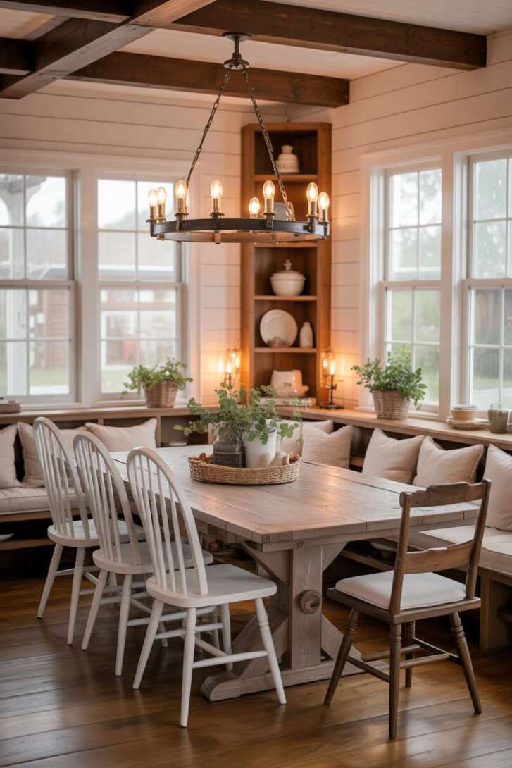 Cozy modern farmhouse dining room with reclaimed wood table and white
