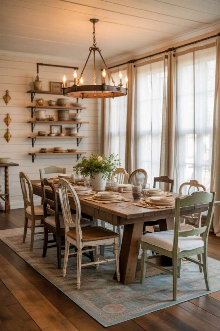 Warm farmhouse dining room featuring mismatched vintage chairs in cream and sage green