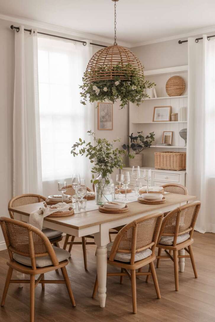 Bright modern dining room with woven cane chairs and rattan pendant light fixture