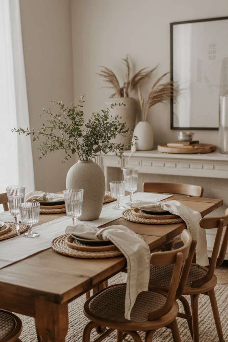 Minimalist dining room with wooden table, woven seat chairs, and eucalyptus centerpiece