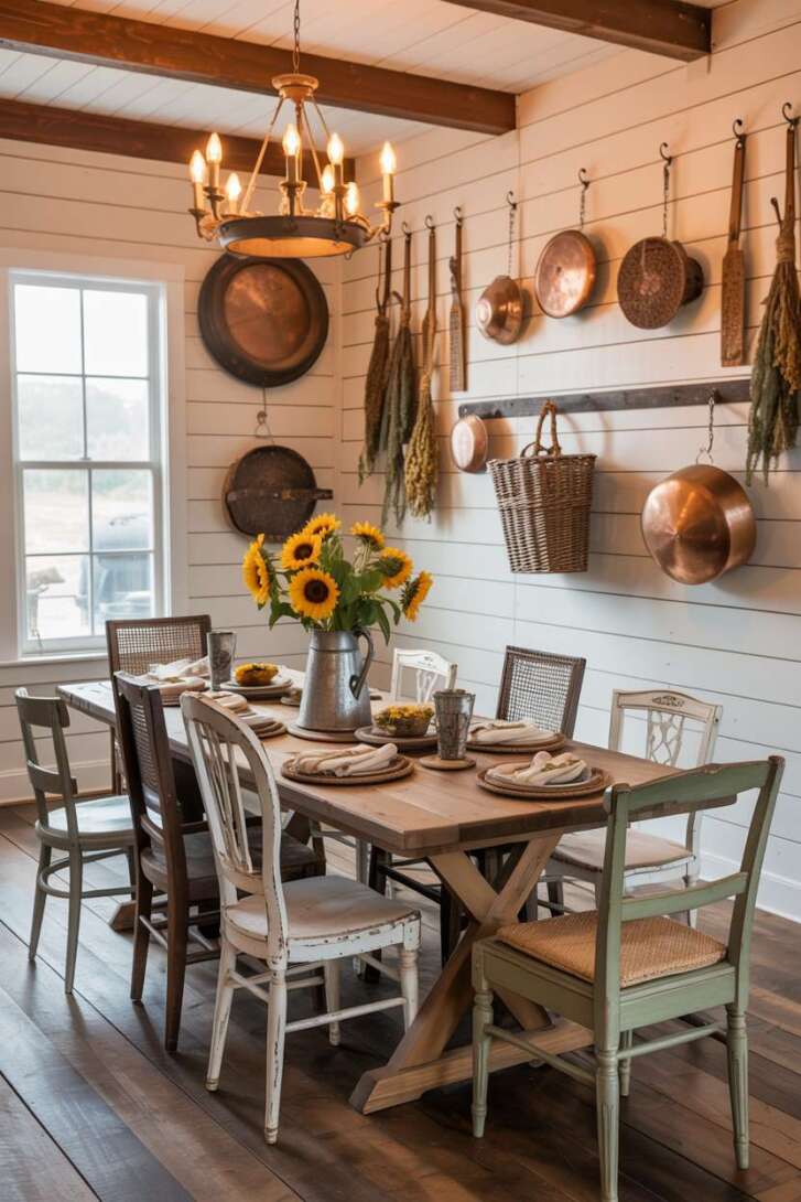 Inviting farmhouse dining room with mismatched chairs and antique copper pots displayed on walls