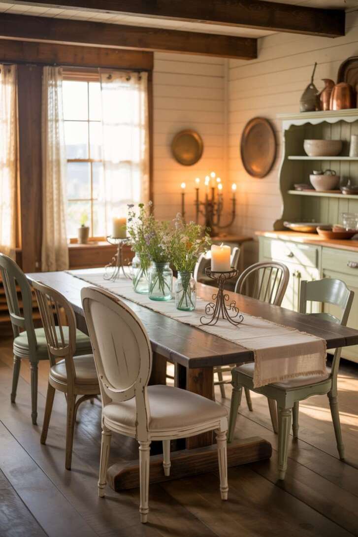 Warm farmhouse dining room with burlap runner and mason jar wildflower centerpieces