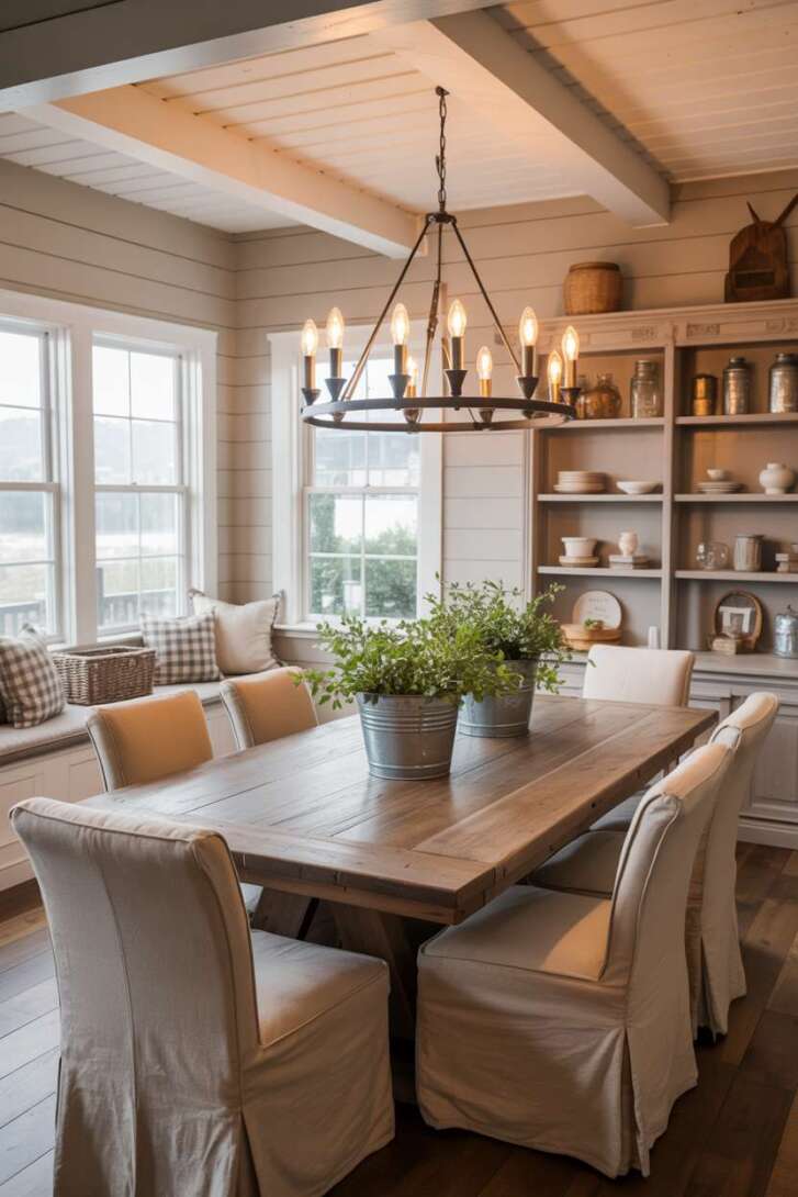 Modern farmhouse dining room with reading nook featuring plaid throw pillows