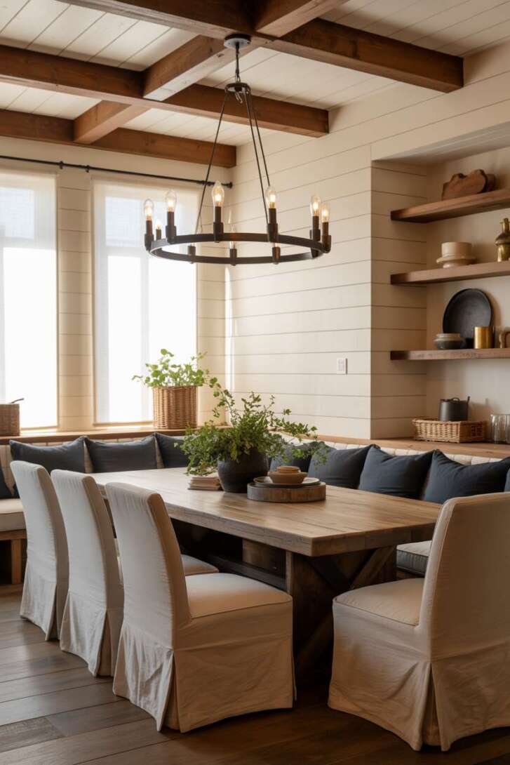 Stylish modern farmhouse dining room with navy blue corner banquette